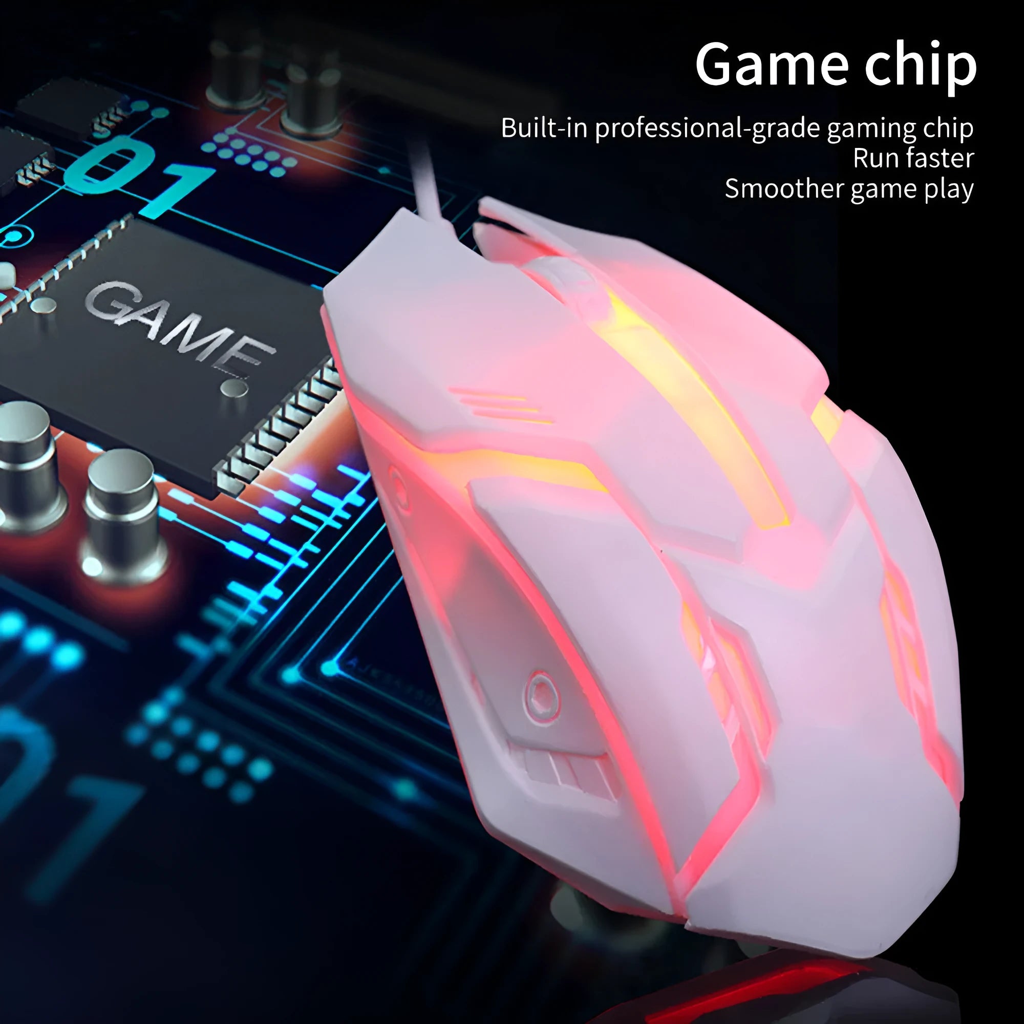 Black and white illuminated wired USB gaming mouse with colourful glow effect