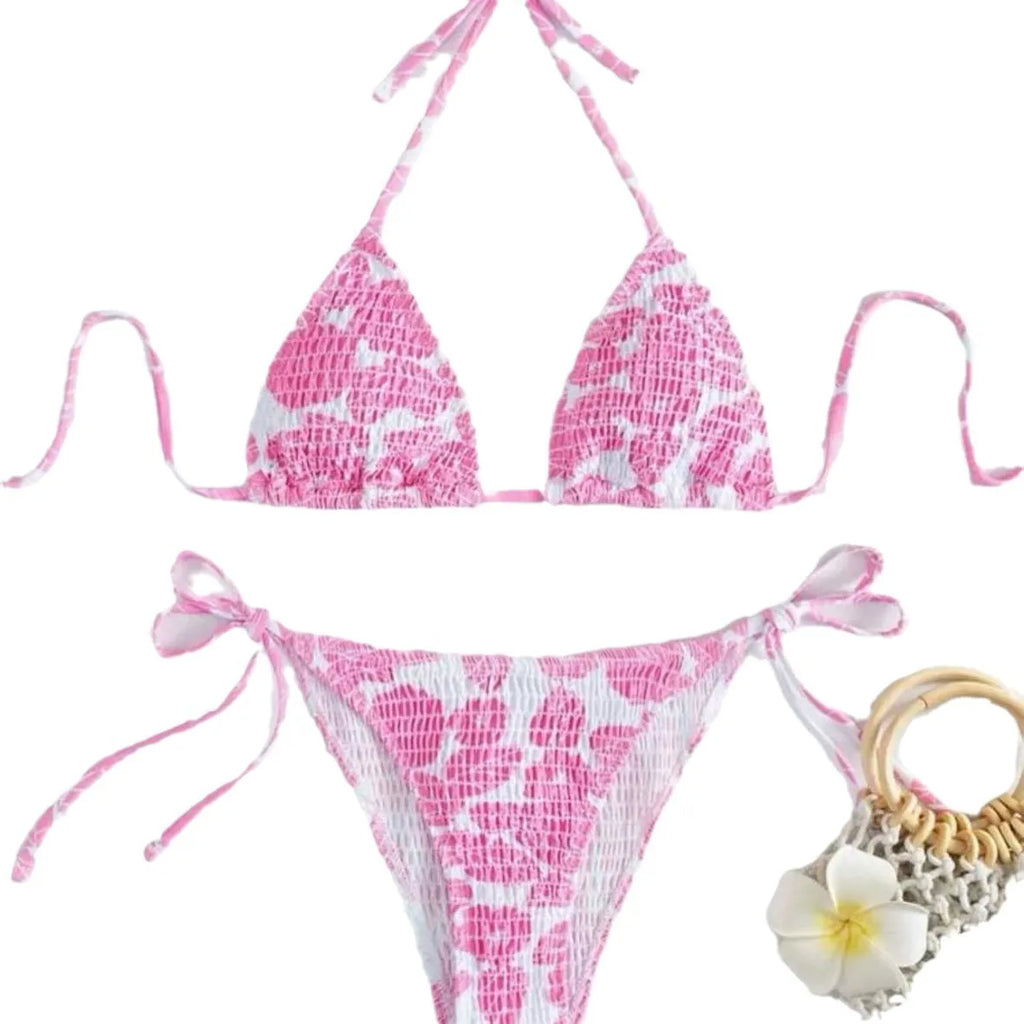 Women's floral print halterneck swimsuit briefs in five colours with polyester fabric