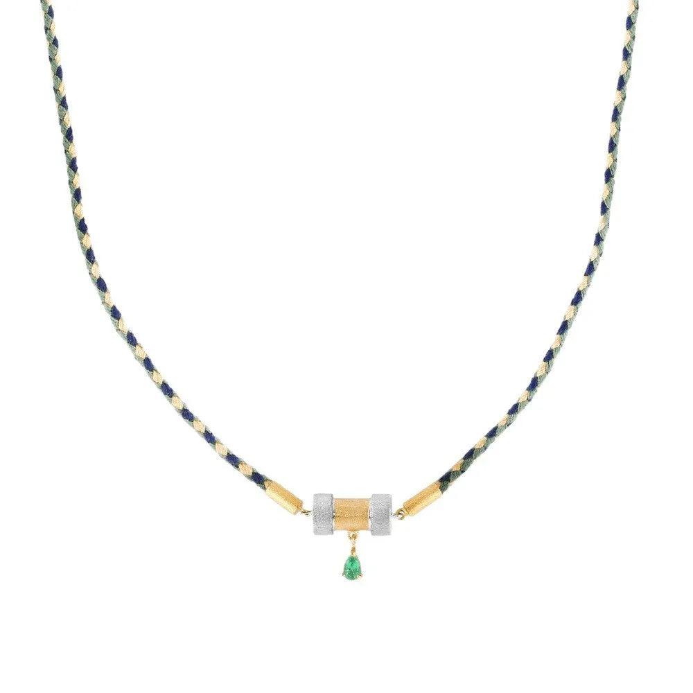 Gold plated copper twin necklace with braid rope chain and emerald-coloured geometric ellipse pendant for women