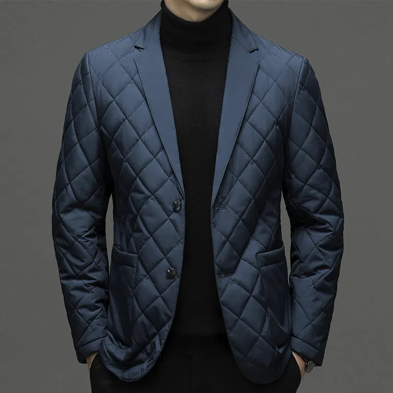 Men's black lapel-style thickened down jacket with side seam pockets on a mannequin.