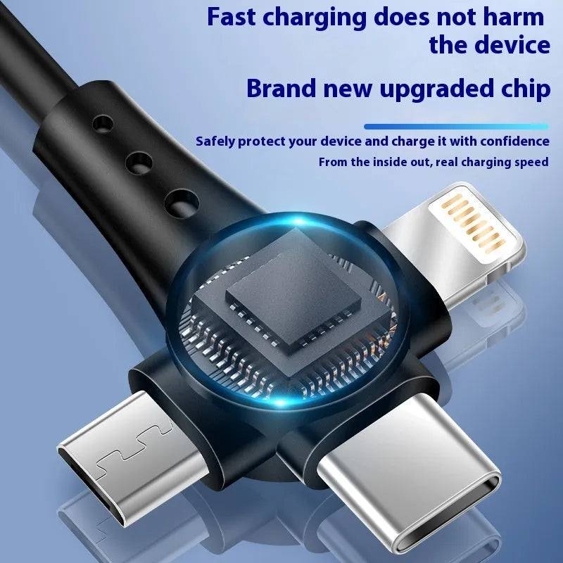 Black telescopic three-in-one charging cable with USB-C, Micro USB and Lightning connectors extended to full length