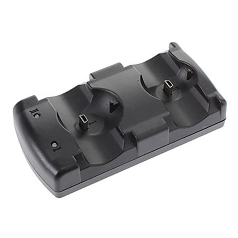 Black dual USB charging dock for PlayStation 3 controllers holding two wireless gamepads