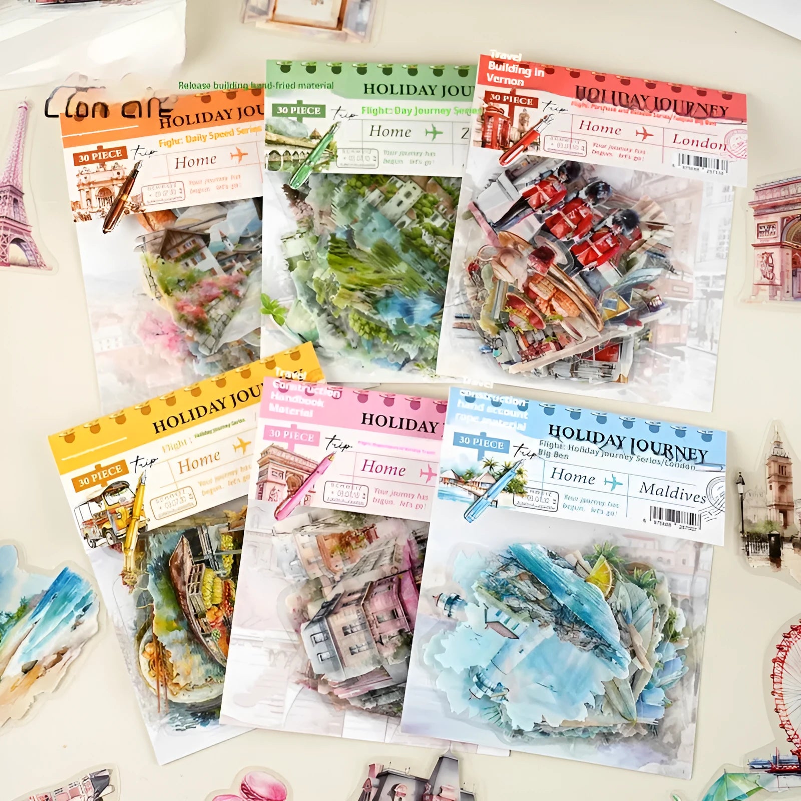 Retro-style Holiday Journey Series journal stickers showing landmarks like Paris Arc de Triomphe and London Big Ben.