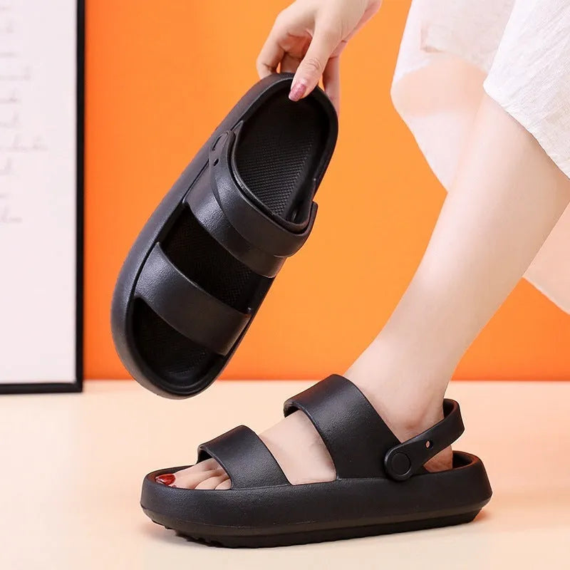 Adjustable unisex EVA sandals with 3cm thick bottom in beige on outdoor surface