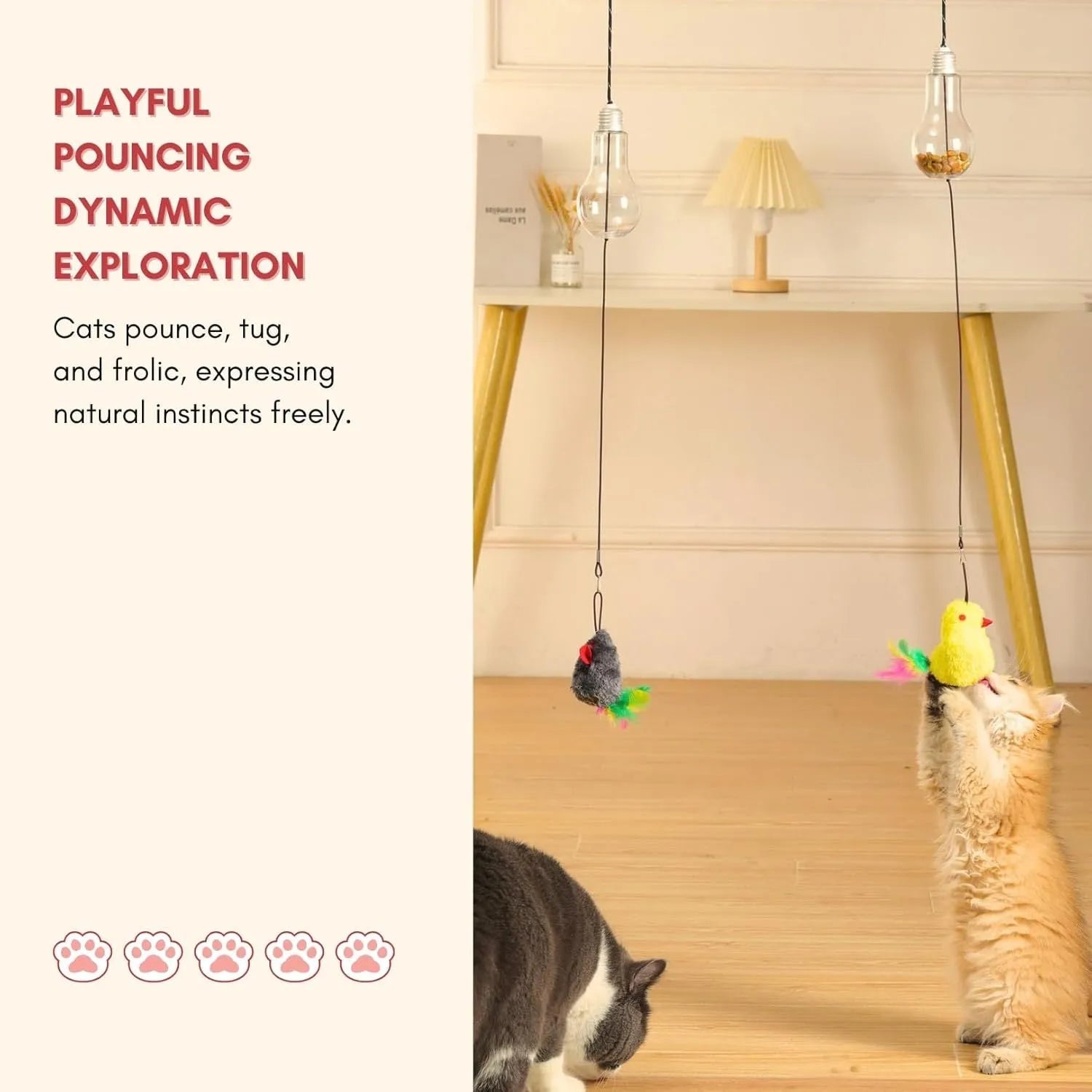 Grey and yellow interactive hanging cat toy with retractable rope, treat bulb, and mouse attachment.
