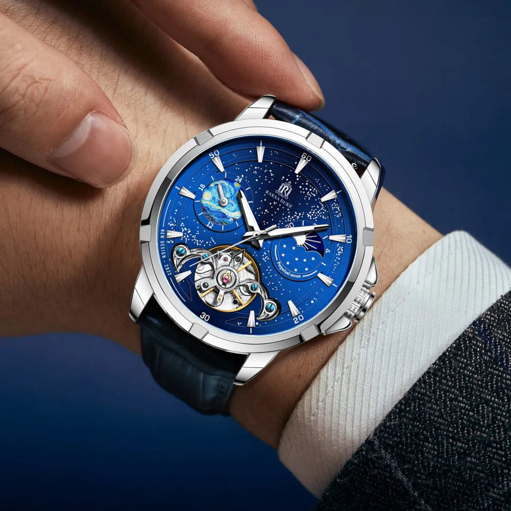 Men's automatic mechanical watch with blue dial and stainless steel case.