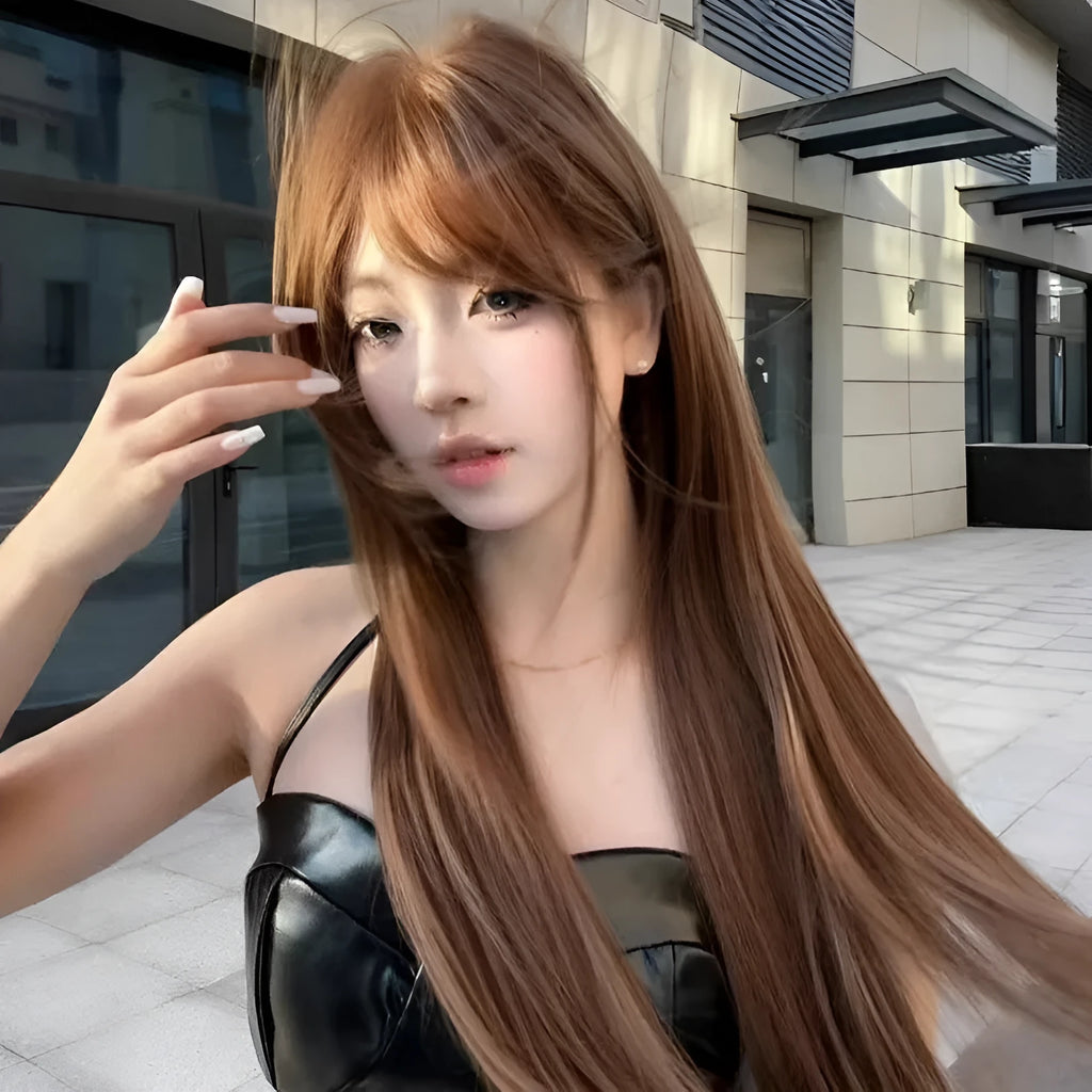 Long straight brown wig with fringe made from high-temperature fibre material