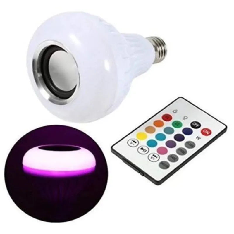 White E27 Bluetooth LED bulb with integrated speaker and remote control for 16-colour RGB lighting