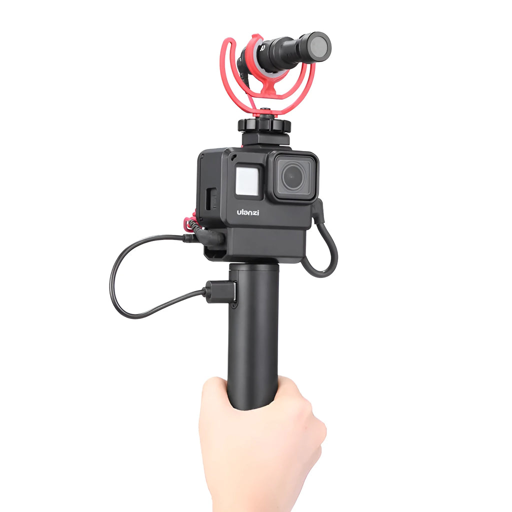 Black aluminium alloy portable power bank charging treasure handle showing size scale.