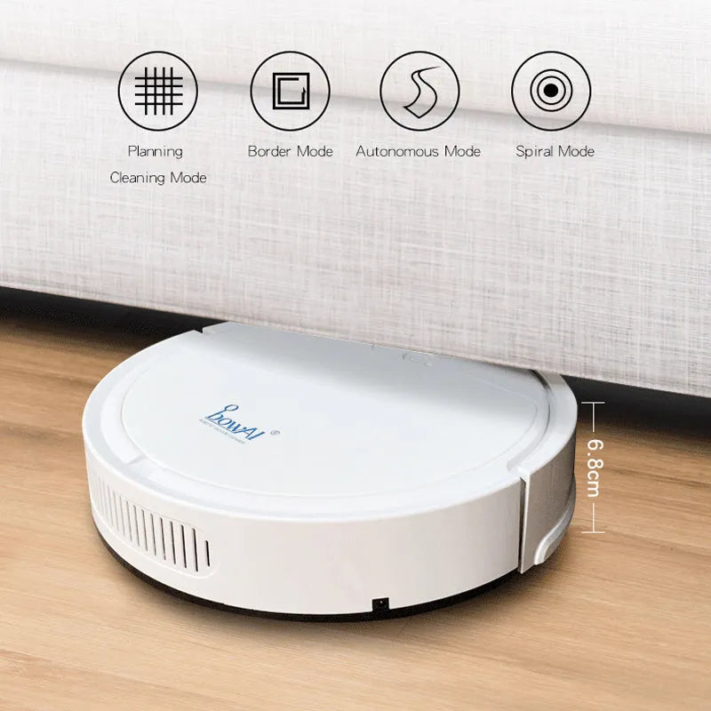 Black robot vacuum cleaner with slim 6.8cm profile on a hard floor, 1500Pa suction