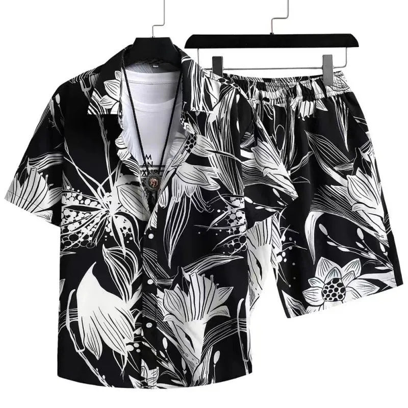 Man wearing a matching short sleeve cardigan and shorts set in a digital print pattern.