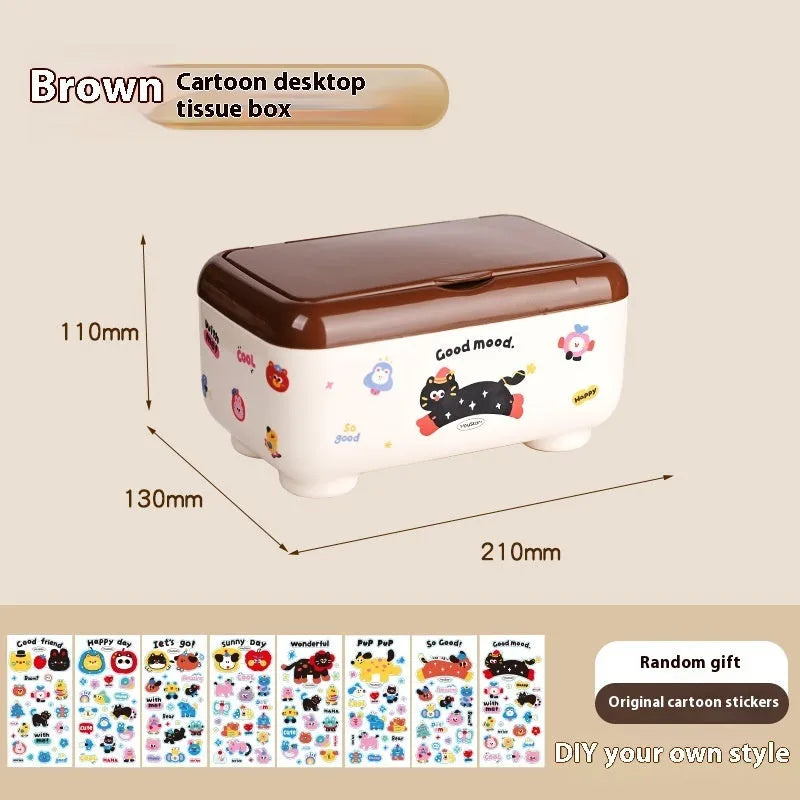Cartoon-style plastic desktop organiser with grid compartments and red or brown stickers.