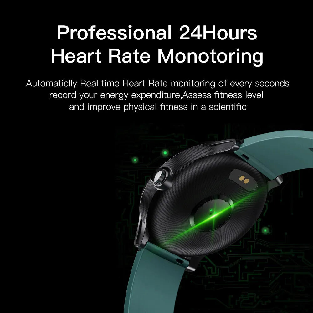 Waterproof smart watch with square 48.5mm case showing touch screen interface and available in green and orange colour options