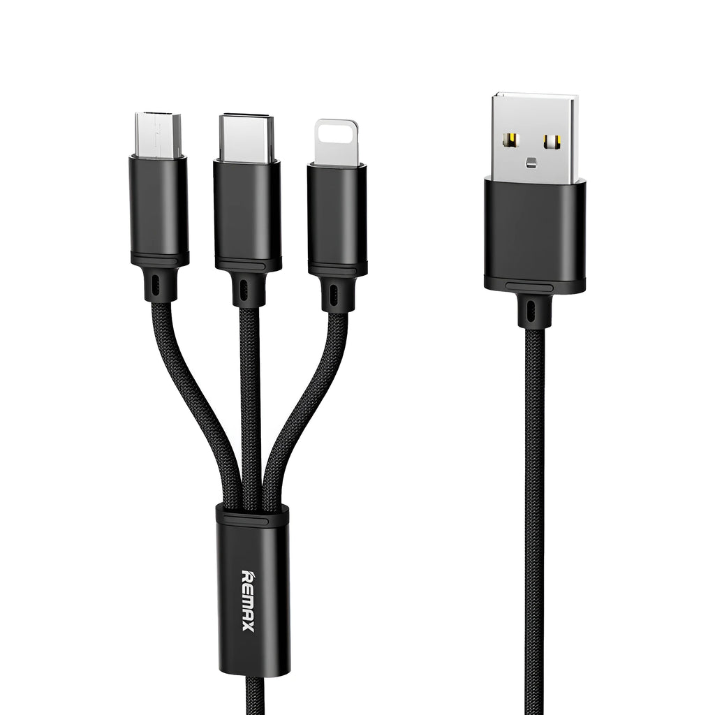 One For Three braided charging cable with USB, Micro USB, and Type-C connectors, 1.15m, black
