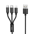 One For Three braided charging cable with USB, Micro USB, and Type-C connectors, 1.15m, black