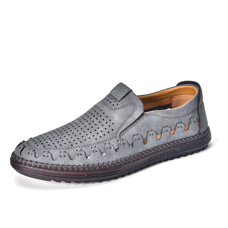 Men's brown handmade PU leather slip-on casual shoes with flat heel and round toe cap.