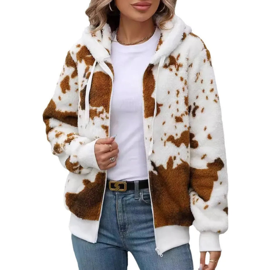 Yellow brown cow animal pattern hooded cardigan jacket with zip front and regular sleeves