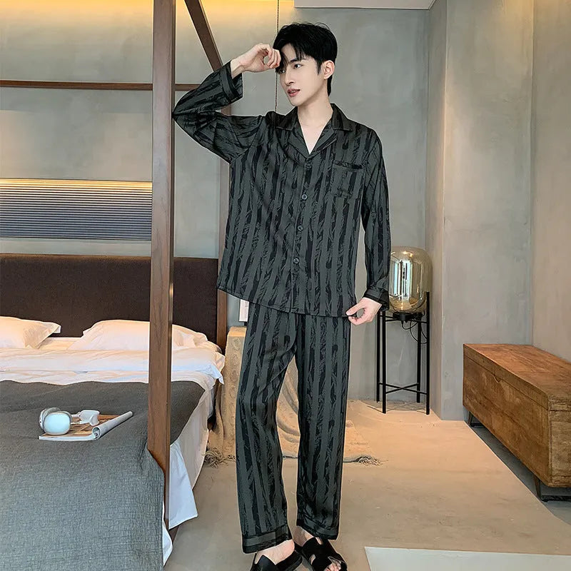 Men's black striped ice silk V-neck pajama set with long sleeves and trousers