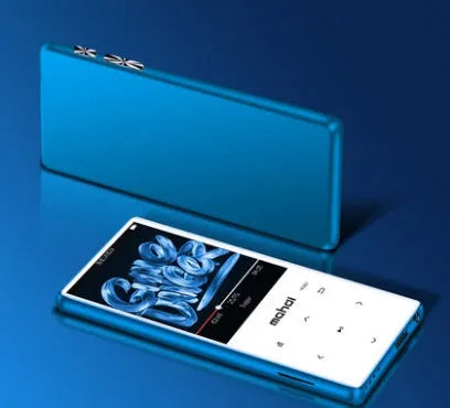 Portable black MP3 MP4 player with 2.4-inch touch screen showing music interface, placed next to wireless headphones.