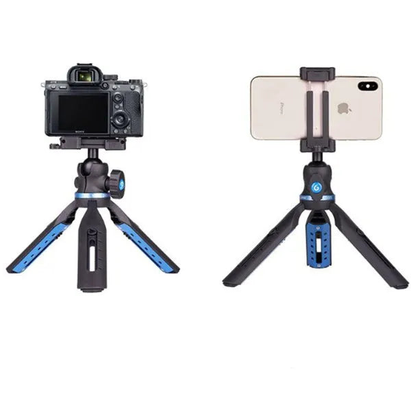 Black desktop tripod for mobile phones with aluminium alloy legs compatible with iPhone and Huawei P30 models