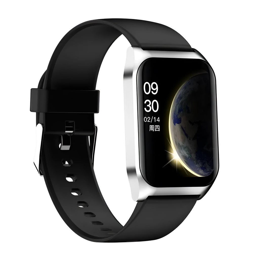 Black smart watch with heart rate monitor and 1.69-inch screen on a silicone wrist strap.