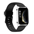 Black smart watch with heart rate monitor and 1.69-inch screen on a silicone wrist strap.