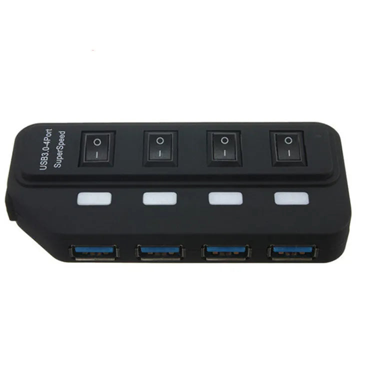 USB 4 interface hub with seven USB 3.0 ports and built-in overload protection, compact black design