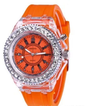 Geneva women's quartz watch with luminous LED display on silicone strap in multiple colours