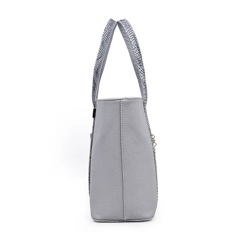 Women's shoulder bag set with handbag, wallet, card case in black, grey, white, rose red; square vertical shape with car stitching and zipper closure