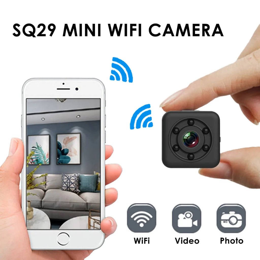 Black SQ29 waterproof sports camera shown with MicroUSB port and support for 32GB TF cards.