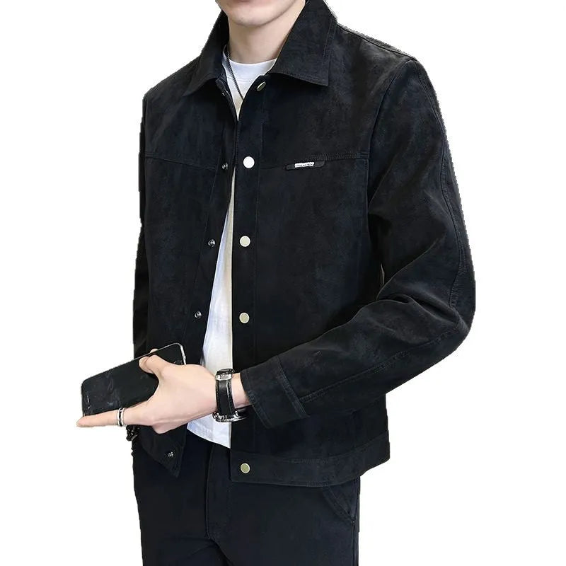 Suede lapel men's jacket in brown or black, thin polyester blend, long sleeve, regular fit, M-3XL.