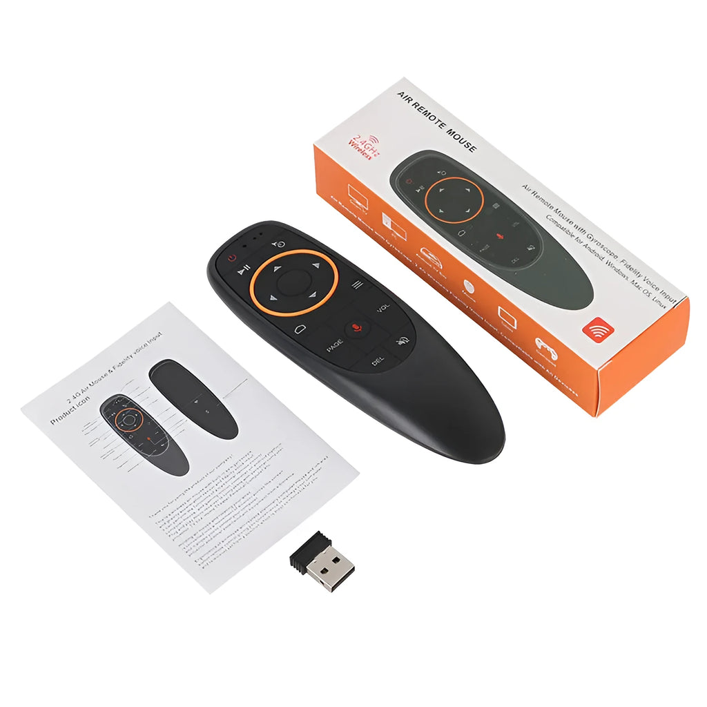 G10S intelligent voice remote control with plastic shell and silicone buttons, shown next to its packaging box.