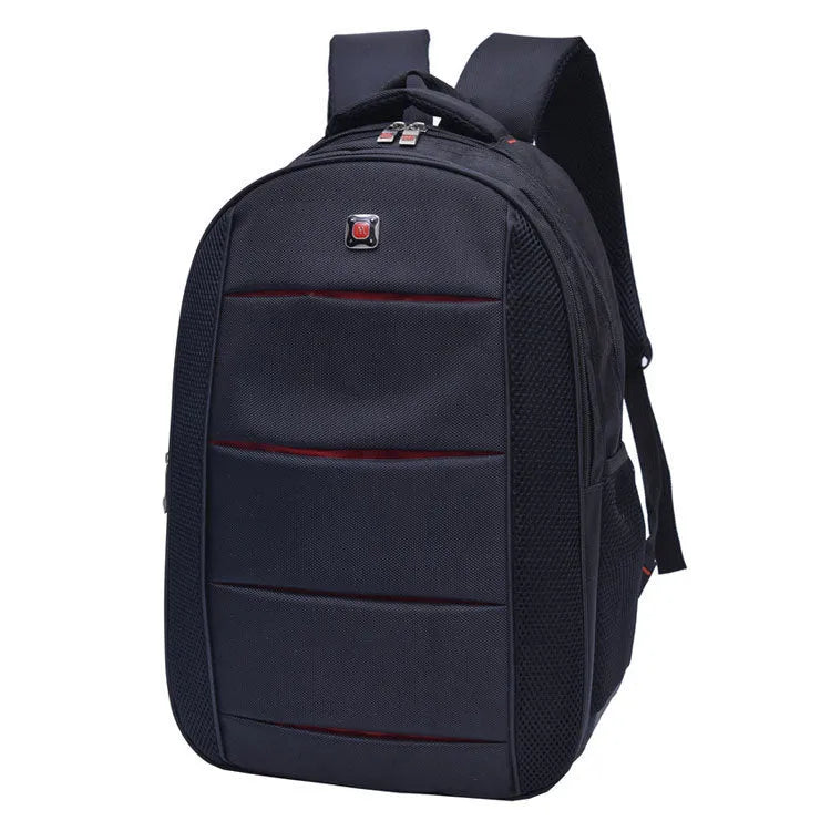 Black casual nylon travel backpack with padded laptop sleeve and front pockets on a table