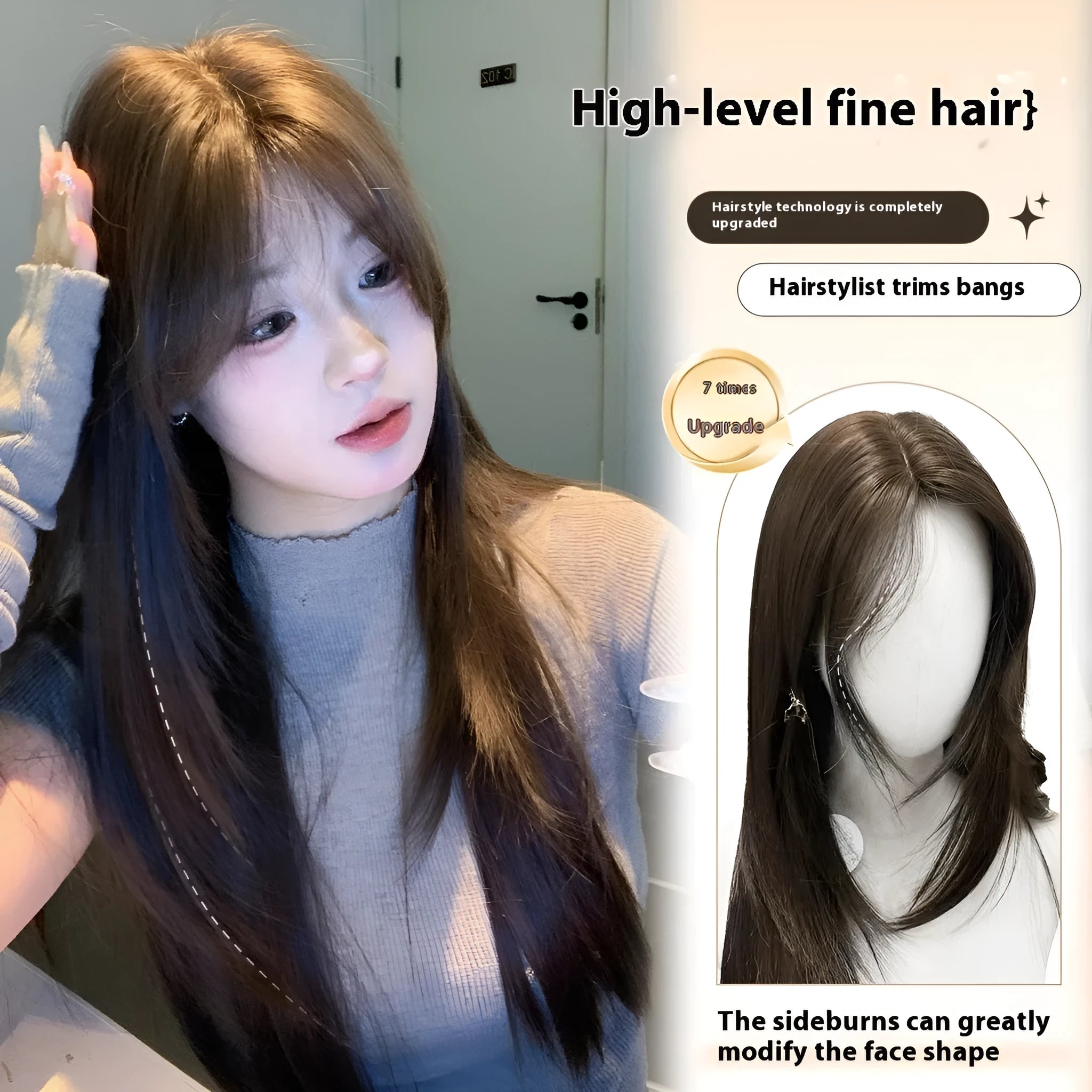 Women's layered long straight synthetic wig in cold brown colour with full-head construction