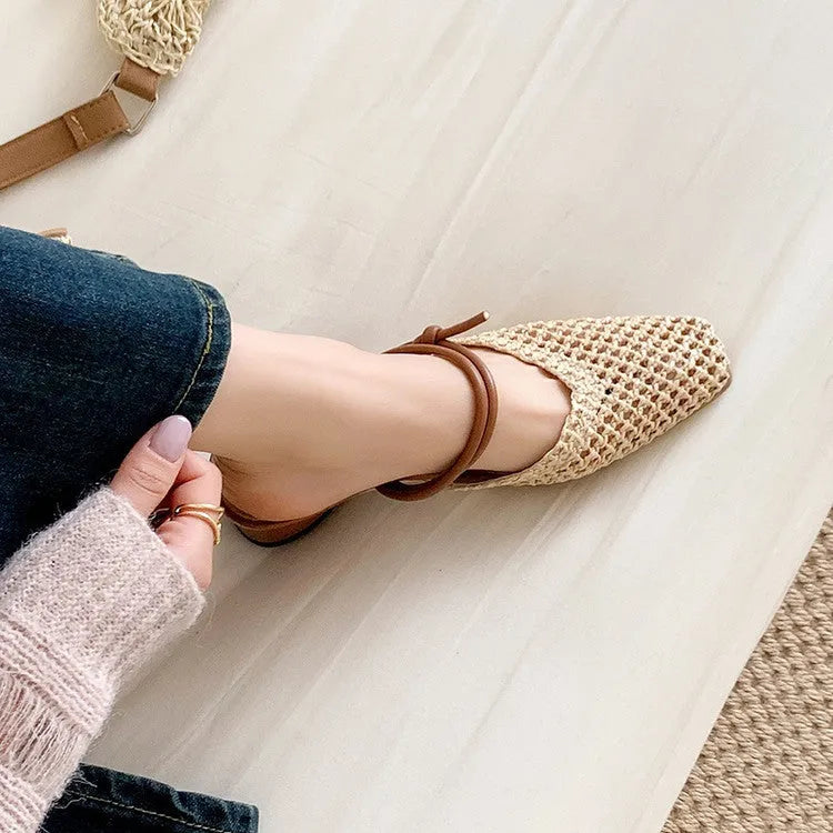 French style women's square toe slippers with hollow-out breathable design and retro thick heel