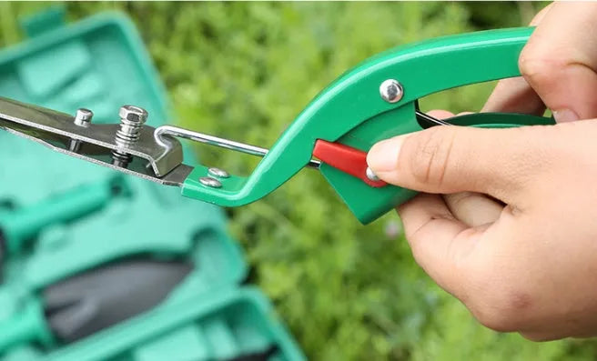 Ten-piece gardening tool set with iron heads and plastic handles in green colour