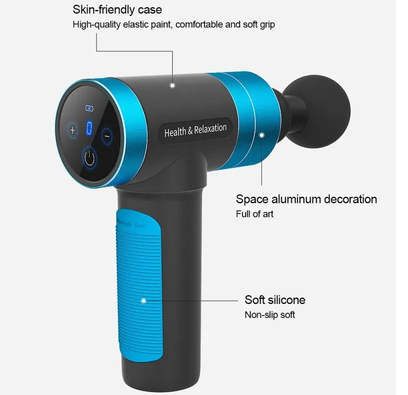 USB rechargeable muscle massager in grey with space aluminium body and silicone head