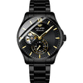 Men's mechanical skeleton watch with 41mm round dial, luminous hands, fine steel strap, and 30-metre water resistance
