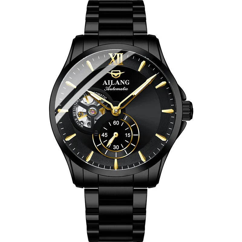 Men's mechanical skeleton watch with 41mm round dial, luminous hands, fine steel strap, and 30-metre water resistance