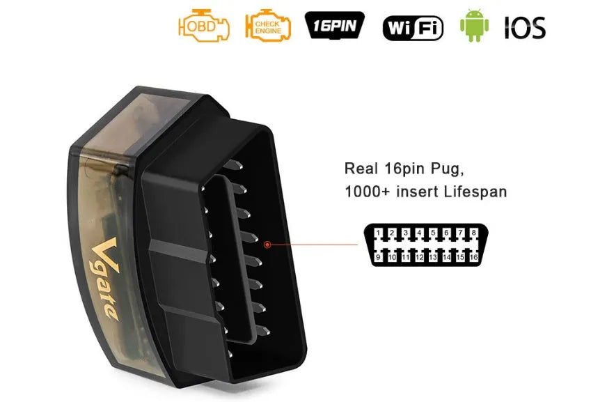 Vgate iCar Pro black WiFi OBD2 scanner adapter with micro size and power-saving design for iOS and Android