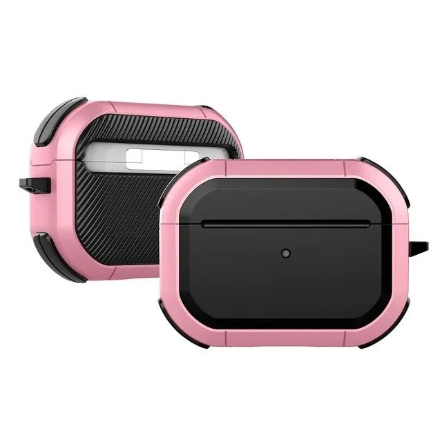 Black TPU and PC protective case for Apple AirPods Pro and AirPods 1/2 models on a white background.