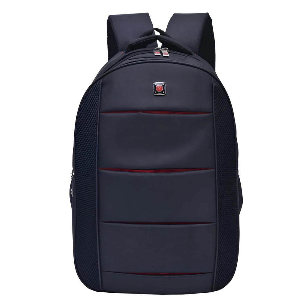 Black casual nylon travel backpack with padded laptop sleeve and front pockets on a table