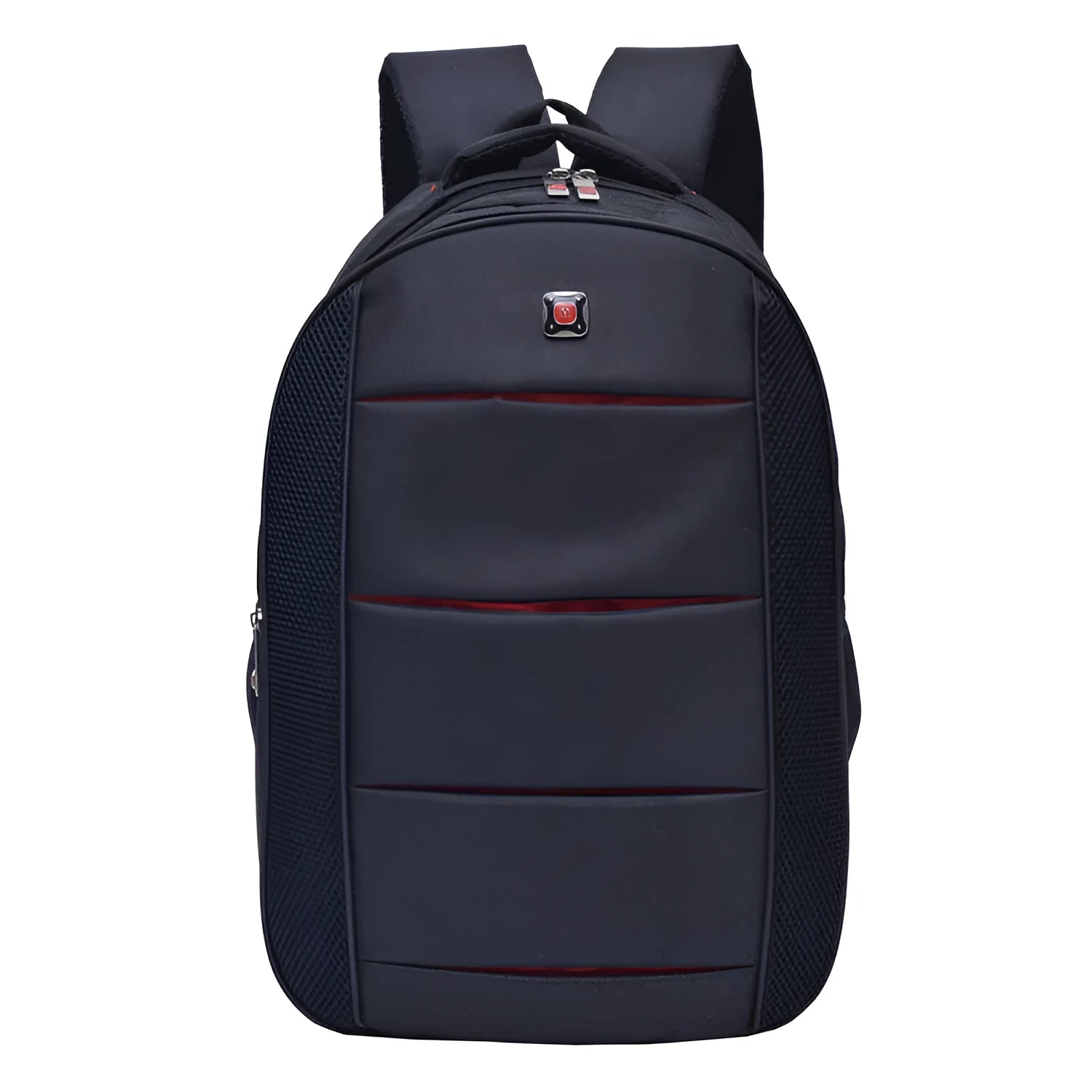 Black casual nylon travel backpack with padded laptop sleeve and front pockets on a table