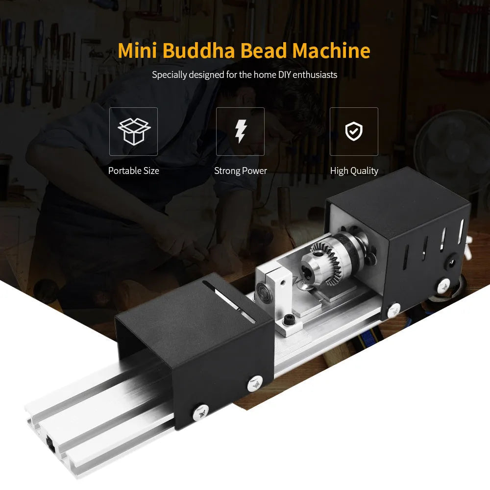 Mini manual woodworking lathe with silver metal finish and carving knives