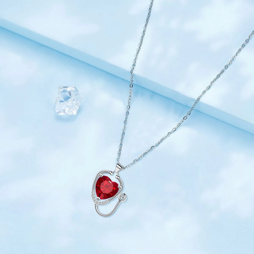 Women's copper stethoscope pendant necklace with electroplated red diamond colour finish