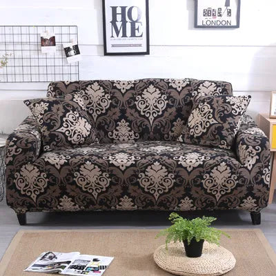 Printed geometric stretch sofa slipcover on double seat sofa in modern simplicity style