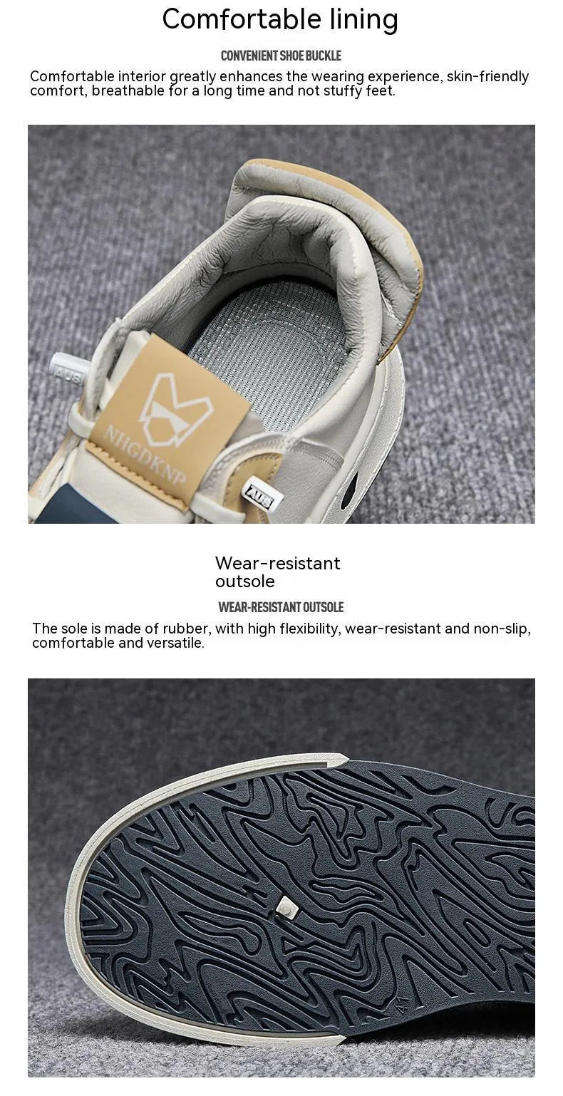 Men's beige low-top casual slip-on shoes with elastic band and leather stitching.