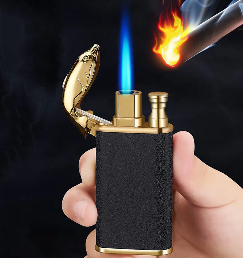 Creative blue flame lighter with windproof double fire and novelty dragon design, metal body