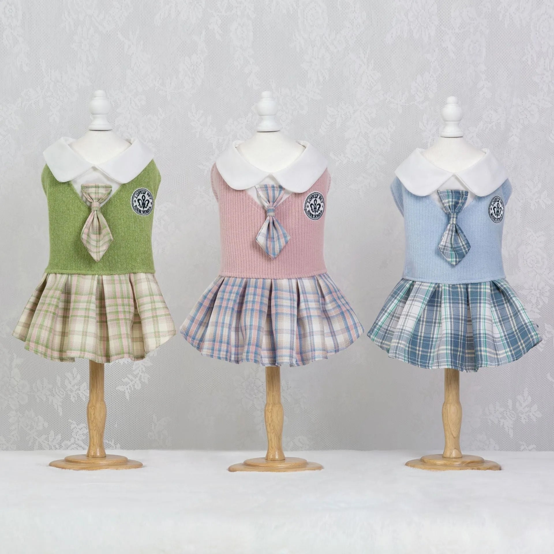 Blue tartan princess-style skirt for dogs and cats on a mannequin