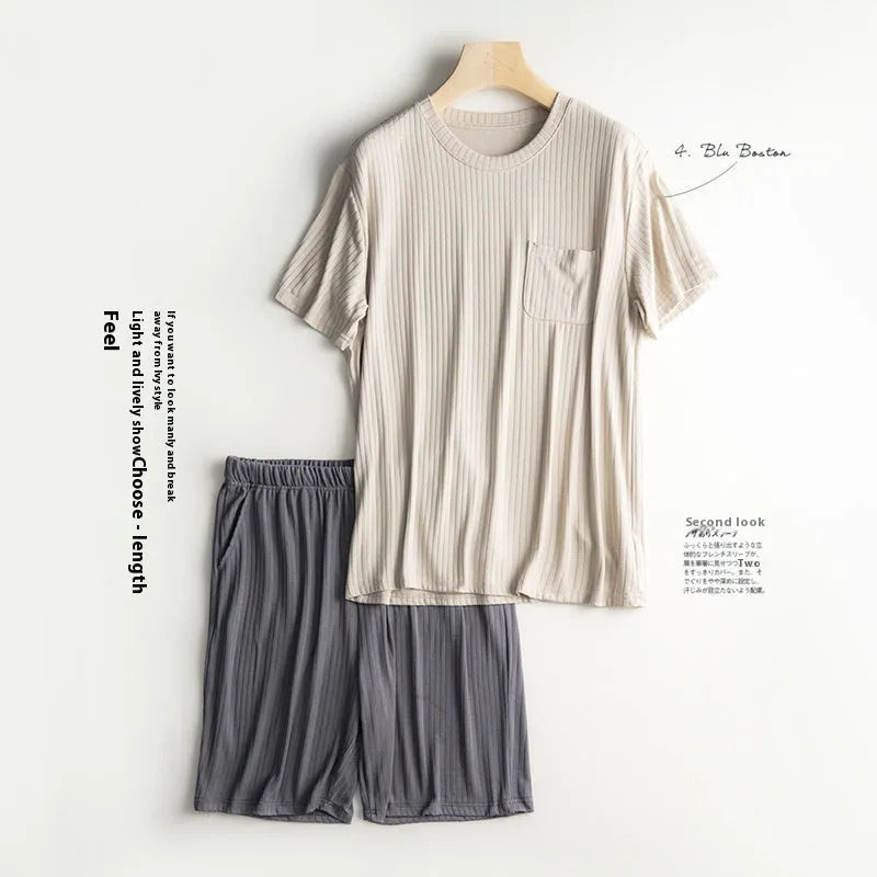 Men's thin polyester summer home wear suit with short sleeve T-shirt and matching shorts in oatmeal and deep gray colour combination